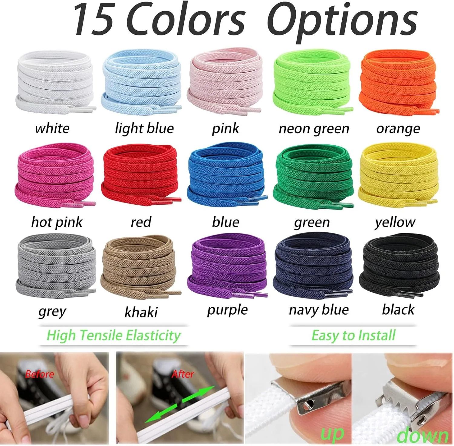 2 Pairs Elastic Tieless Shoe Laces for Sneakers, No Tie Shoelaces for Adults and Kids