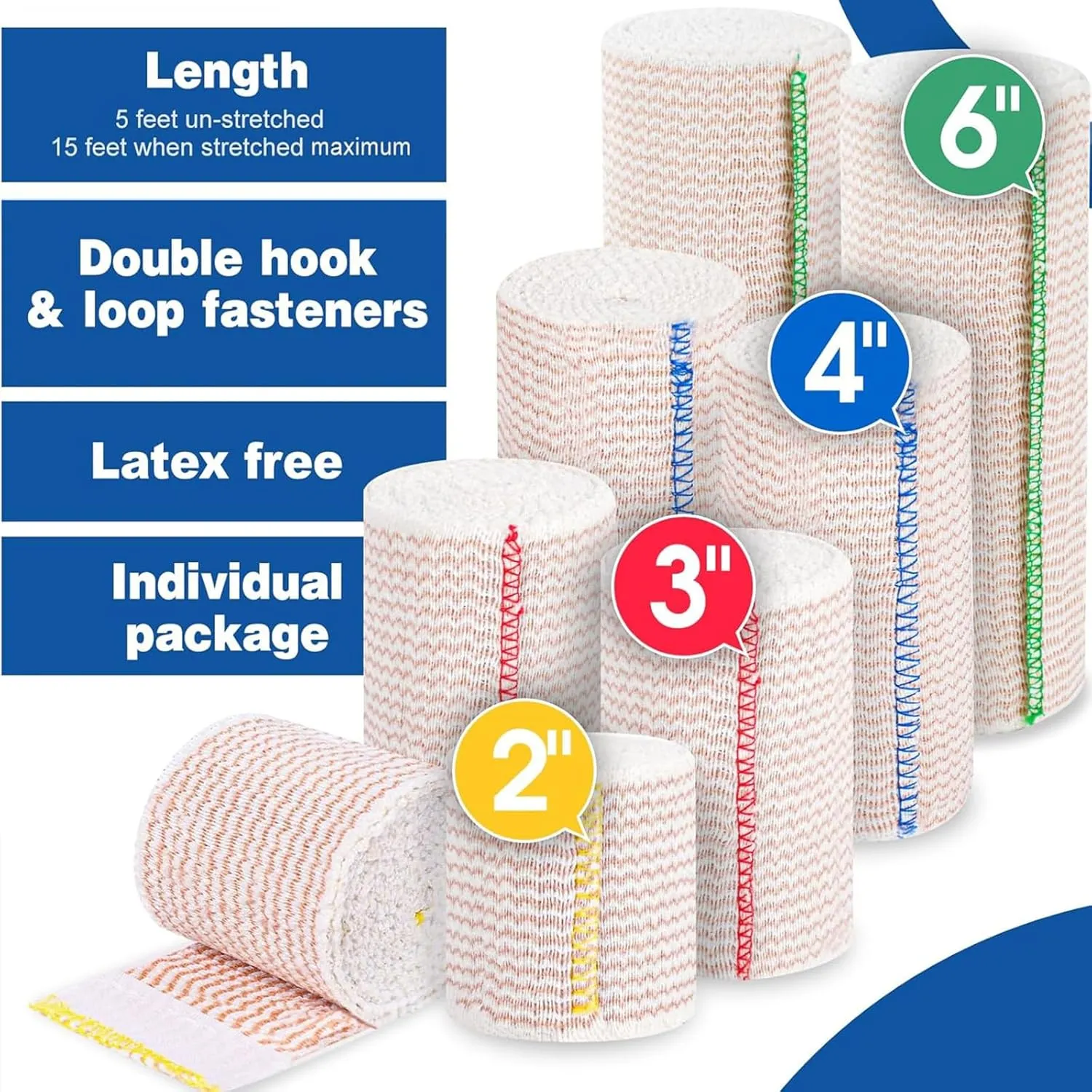 AZEN Premium 8 Pack Elastic Bandage Wrap (2x2", 2x3", 2x4", 2x6"), Compression Wrap Bandage for Legs, Ankle, Knee, Tummy, Body, Latex-Free, Lymphedema Wraps for Legs