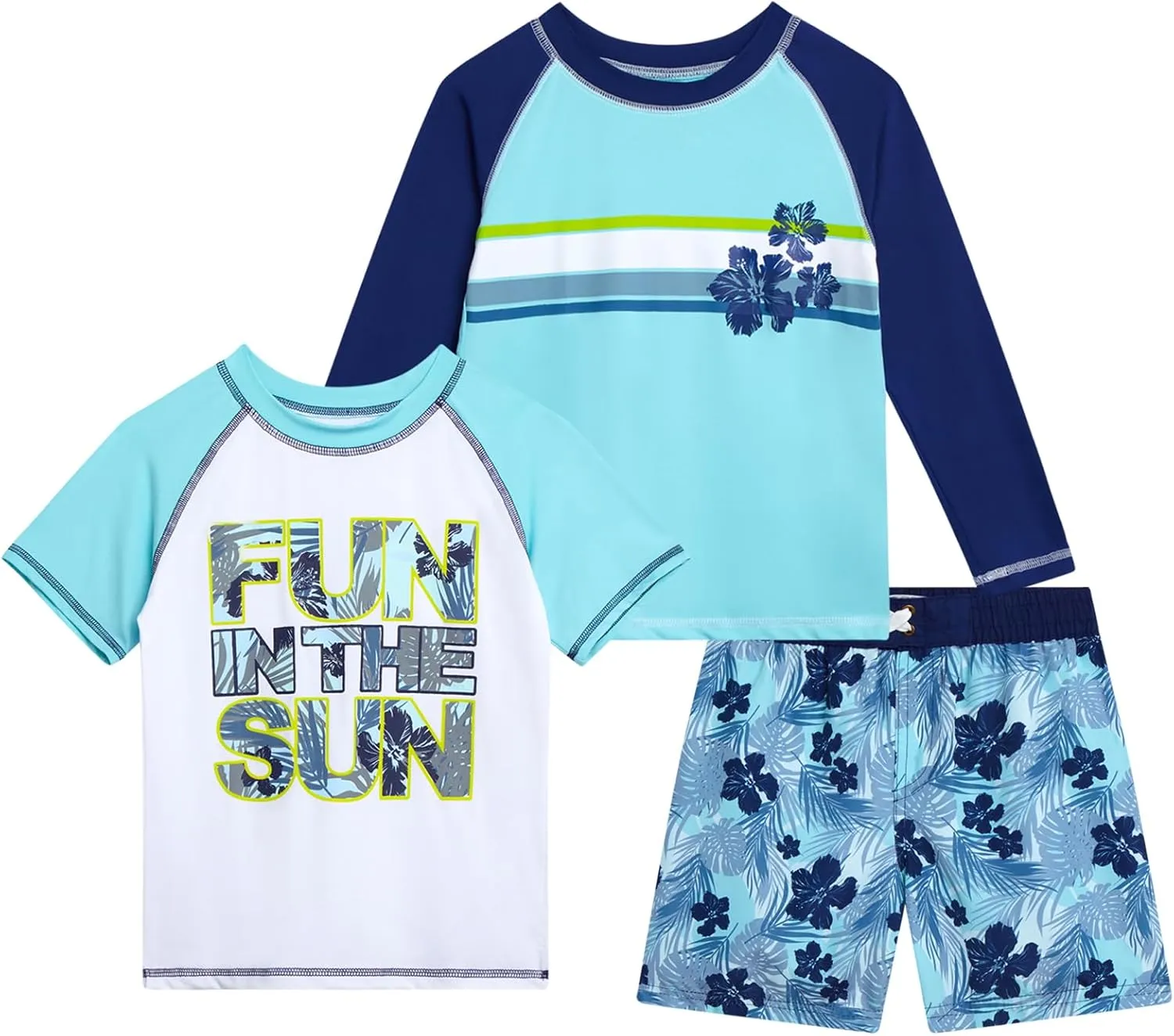 Boys Swim Set - 3 Piece Toddler Swim Trunks Boys Rash Guard Long Sleeve and Short Sleeve Kids Swimwear (2T-7)