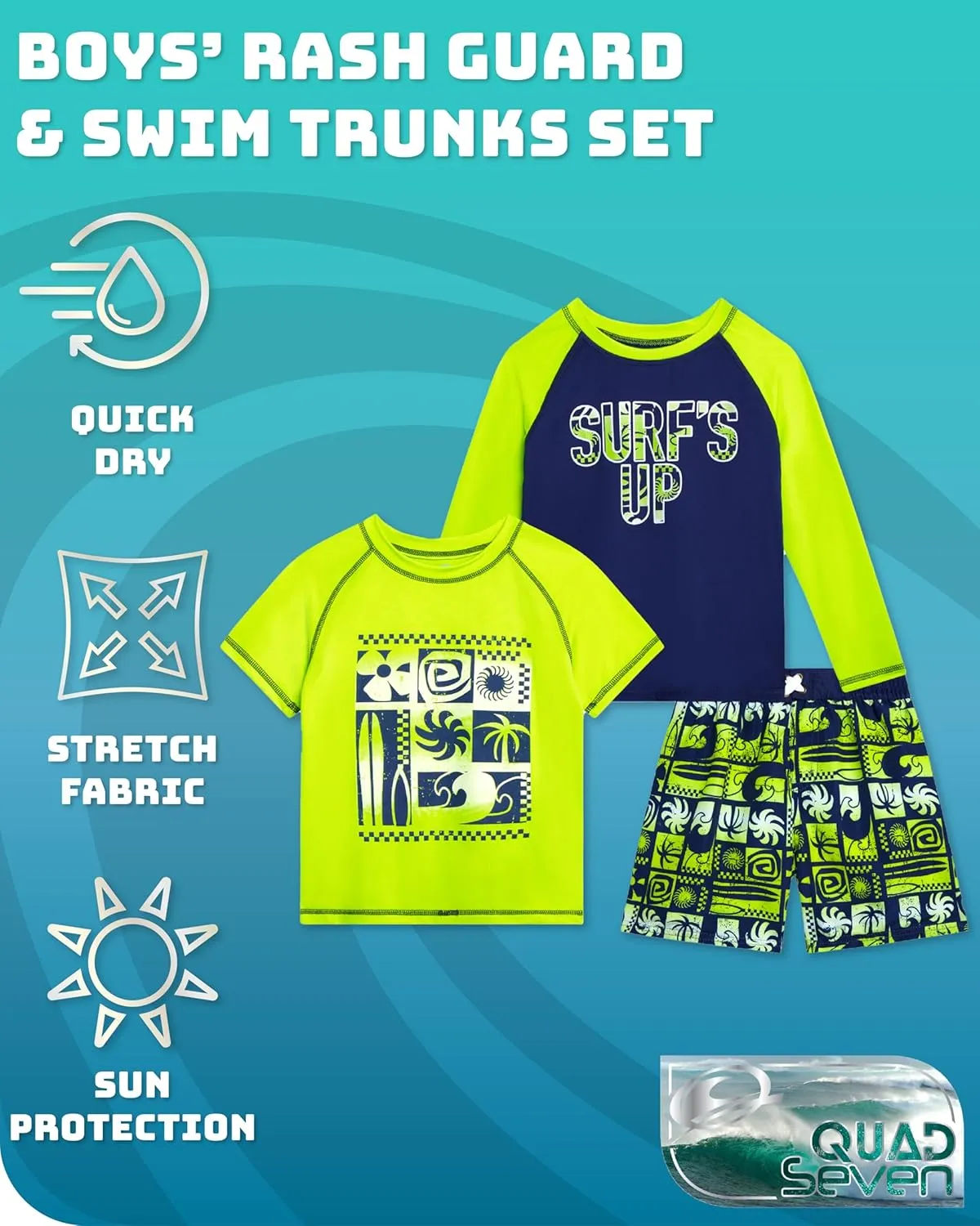 Boys Swim Set - 3 Piece Toddler Swim Trunks Boys Rash Guard Long Sleeve and Short Sleeve Kids Swimwear (2T-7)