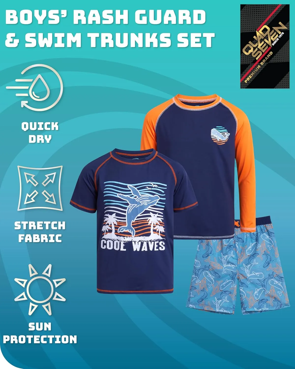 Boys Swim Set - 3 Piece Toddler Swim Trunks Boys Rash Guard Long Sleeve and Short Sleeve Kids Swimwear (2T-7)