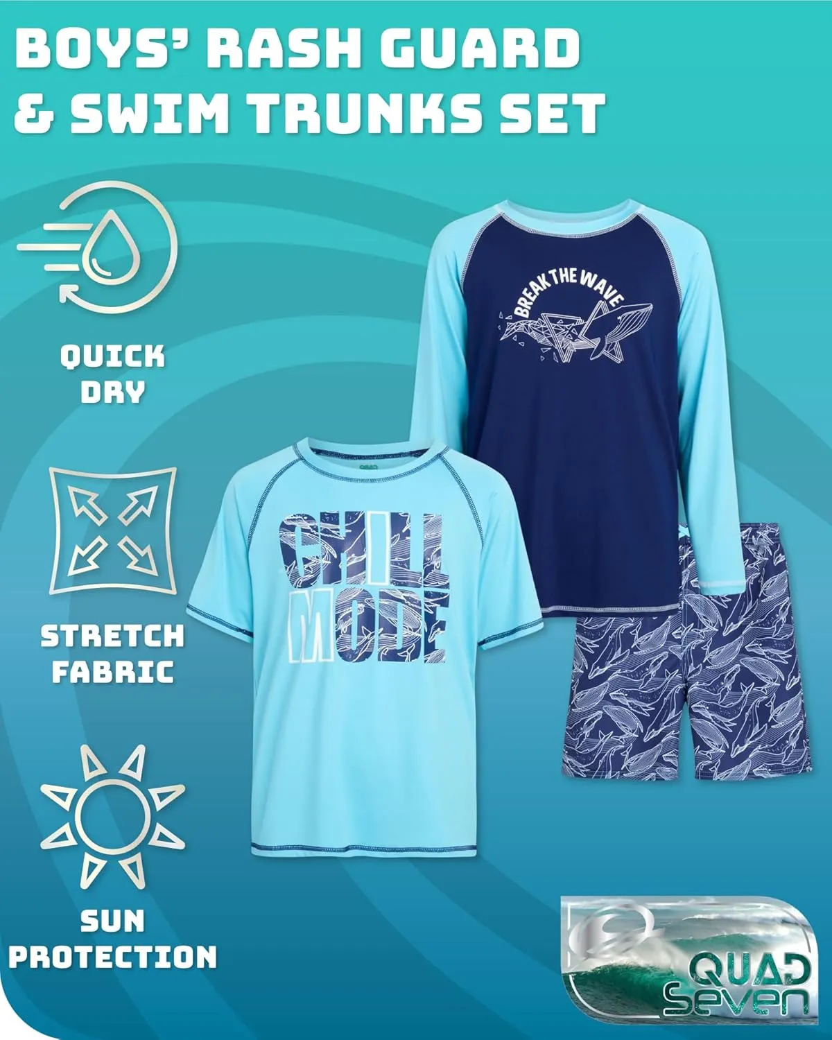 Boys Swim Set - 3 Piece Toddler Swim Trunks Boys Rash Guard Long Sleeve and Short Sleeve Kids Swimwear (2T-7)