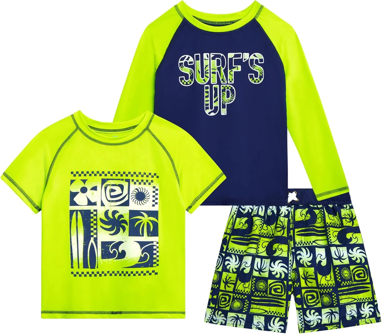 Boys Swim Set - 3 Piece Toddler Swim Trunks Boys Rash Guard Long Sleeve and Short Sleeve Kids Swimwear (2T-7)
