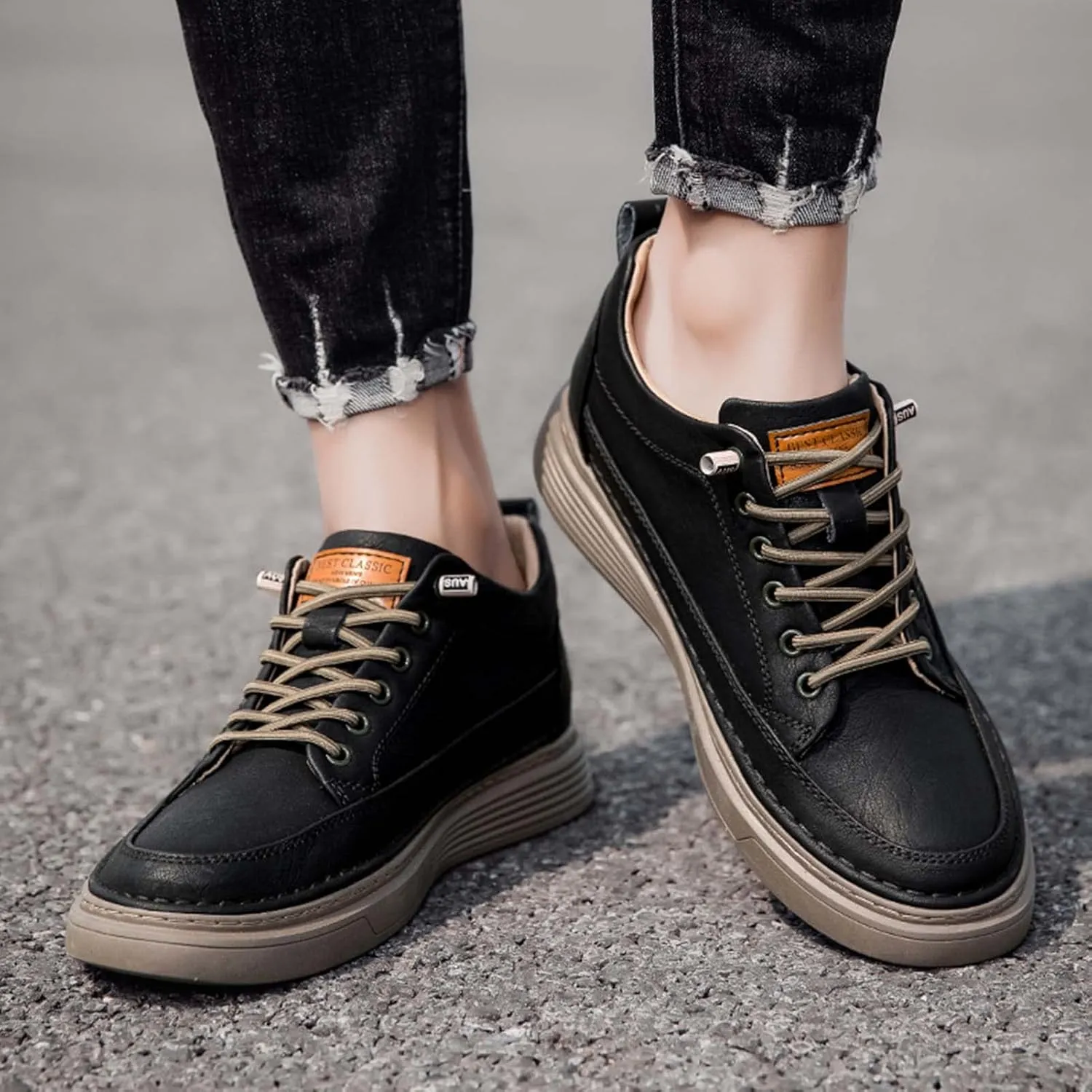 CERYTHRINA Elevator Shoes for Men - Height Increasing Sneakers, 2.5 Inches Taller, Leather Casual Shoes with Height Increase Insoles