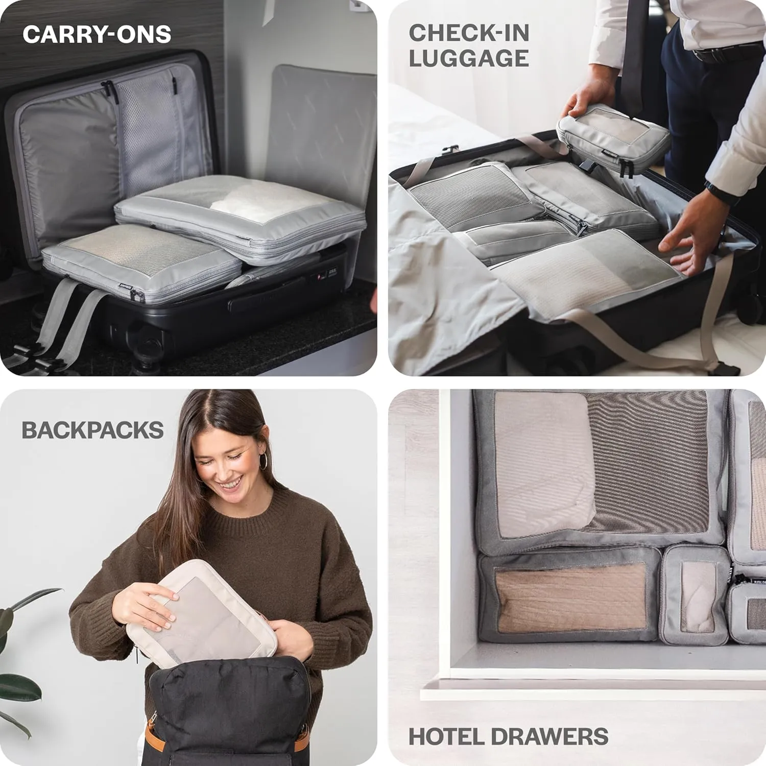 Compression Packing Cubes for Travel - Luggage Organizer Bags - Double Zipper Packing Cubes for Suitcases (6-Pack, Light Grey)