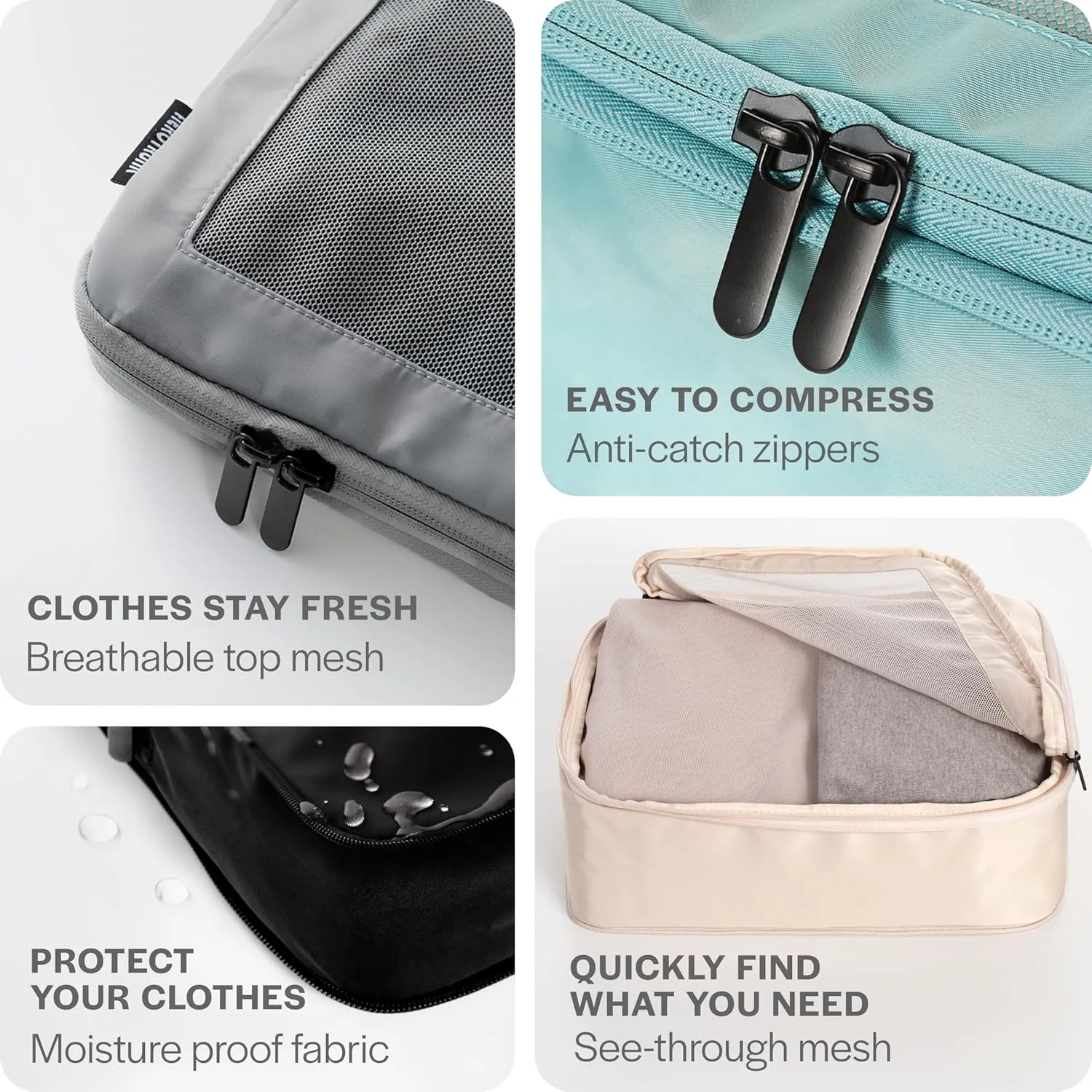 Compression Packing Cubes for Travel - Luggage Organizer Bags - Double Zipper Packing Cubes for Suitcases (6-Pack, Light Grey)