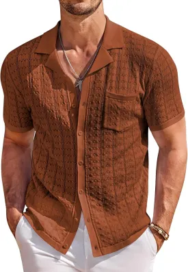 COOFANDY Men's Knit Button Down Shirt Short Sleeve Vintage Polo Shirts Summer Casual Beach Tops