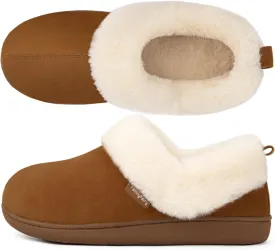 FamilyFairy Women Memory Foam Bootie Slippers, Warm Cozy Micro Suede Slipper Boots with Fuzzy Plush Lining and Collar, Winter Non Slip House Shoes for Indoor Outdoor