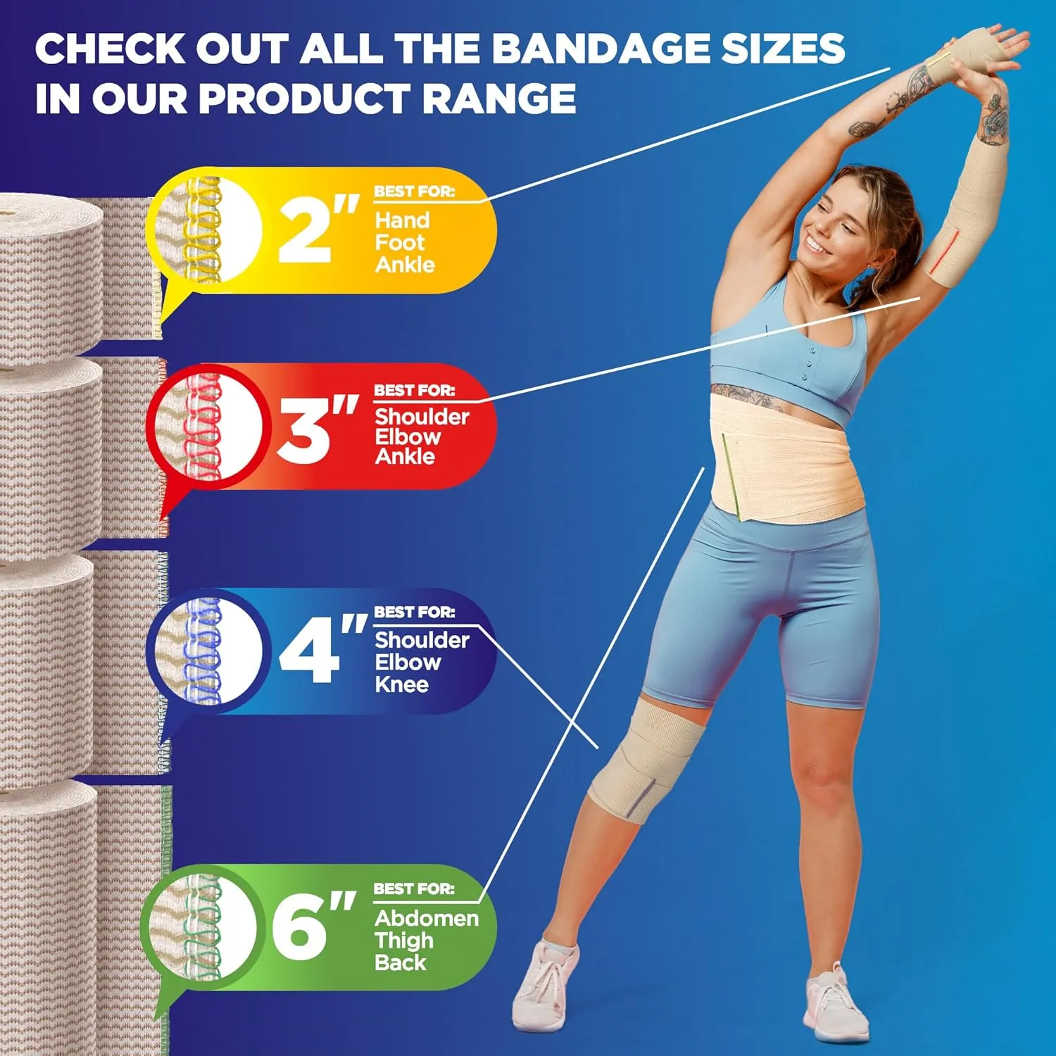 High-Performance Elastic Bandage Wrap - 6 Pack (2x2in, 2x3in, 2x4in) - Self-Closing Strong Compression Bandage Wrap for Feet, Ankles, Wrists, and Knees
