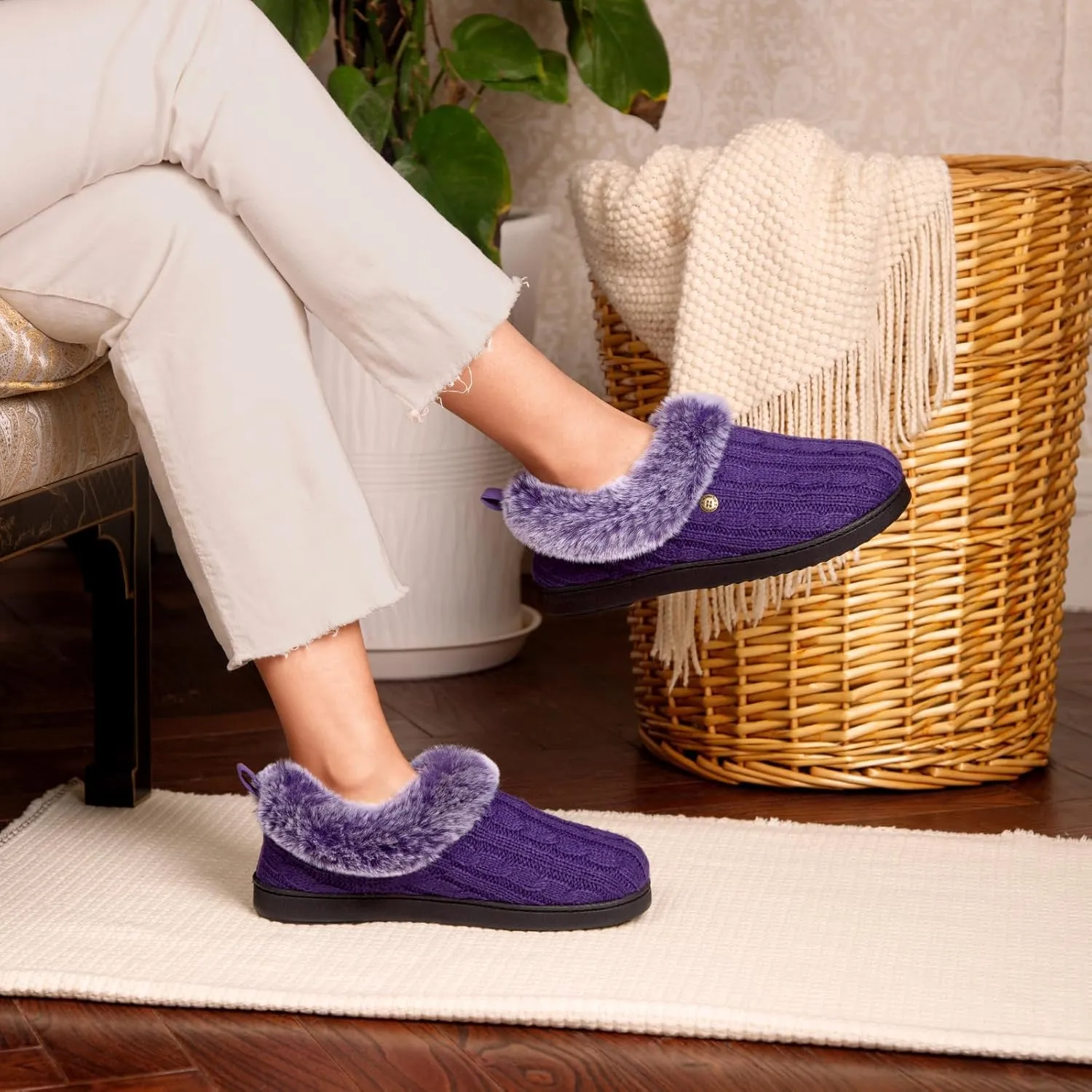 HomeTop Women's Cable Knit Slippers Breathable Warm Comfy Non-slip Indoor Outdoor House Shoes with Fuzzy Collar