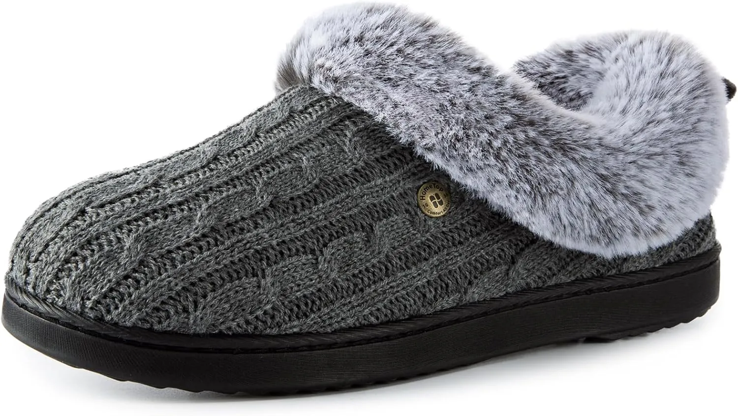 HomeTop Women's Cable Knit Slippers Breathable Warm Comfy Non-slip Indoor Outdoor House Shoes with Fuzzy Collar