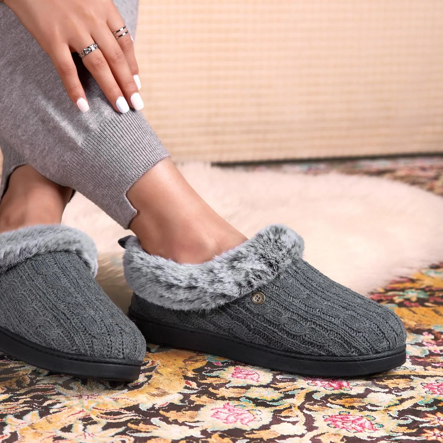 HomeTop Women's Cable Knit Slippers Breathable Warm Comfy Non-slip Indoor Outdoor House Shoes with Fuzzy Collar