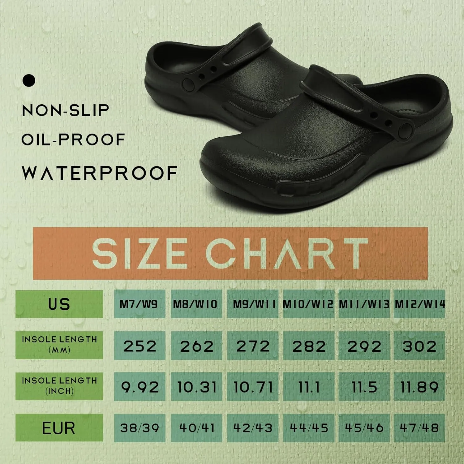 JSWEI Chef Shoes Clogs Men Non Slip Oil Waterproof Resistant Kitchen Work Safety Crews Nurse Garden Clog Indoor and Outdoor Slippers Office Hospital Nursing Professional Seaside Work ShoeBlack