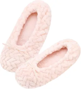 Keyela Women's Ballerina House Slippers with Soft Tie Bow and Suede Sole, Non-Slip Bedroom Slippers Socks