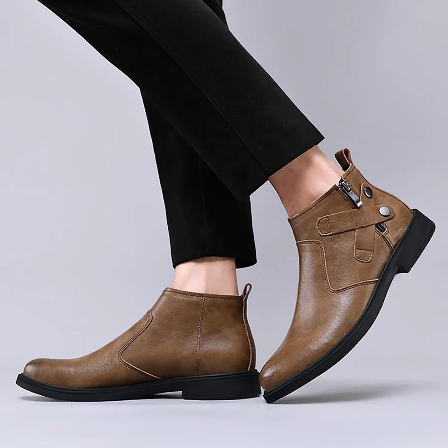 Men's Genuine Leather Chelsea Boots with Buckle Strap Autumn Winter Fashion Side Zipper Comfortable Fur Lining Business Oxford Boots Casual Dress Chukka Boots