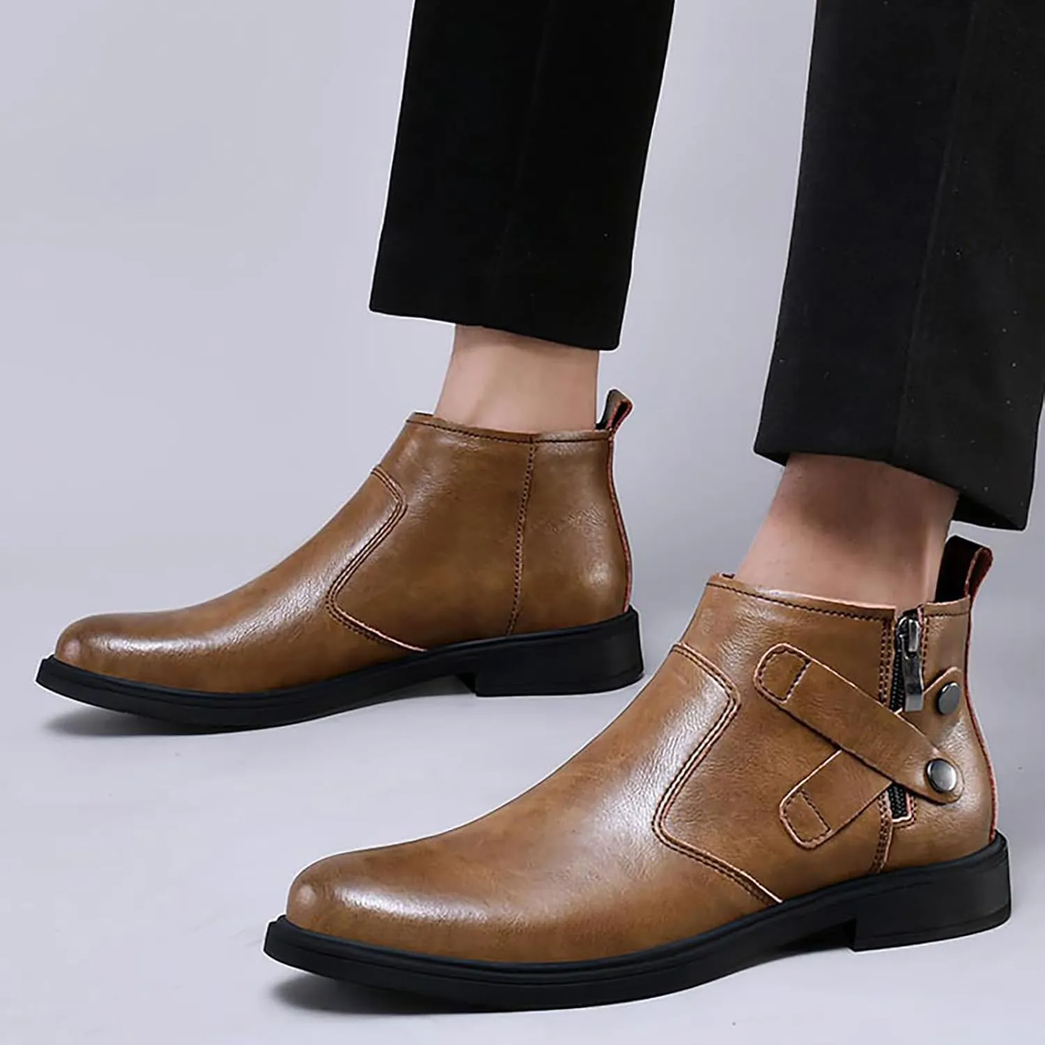 Men's Genuine Leather Chelsea Boots with Buckle Strap Autumn Winter Fashion Side Zipper Comfortable Fur Lining Business Oxford Boots Casual Dress Chukka Boots