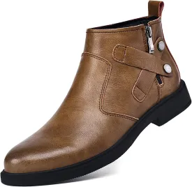 Men's Genuine Leather Chelsea Boots with Buckle Strap Autumn Winter Fashion Side Zipper Comfortable Fur Lining Business Oxford Boots Casual Dress Chukka Boots