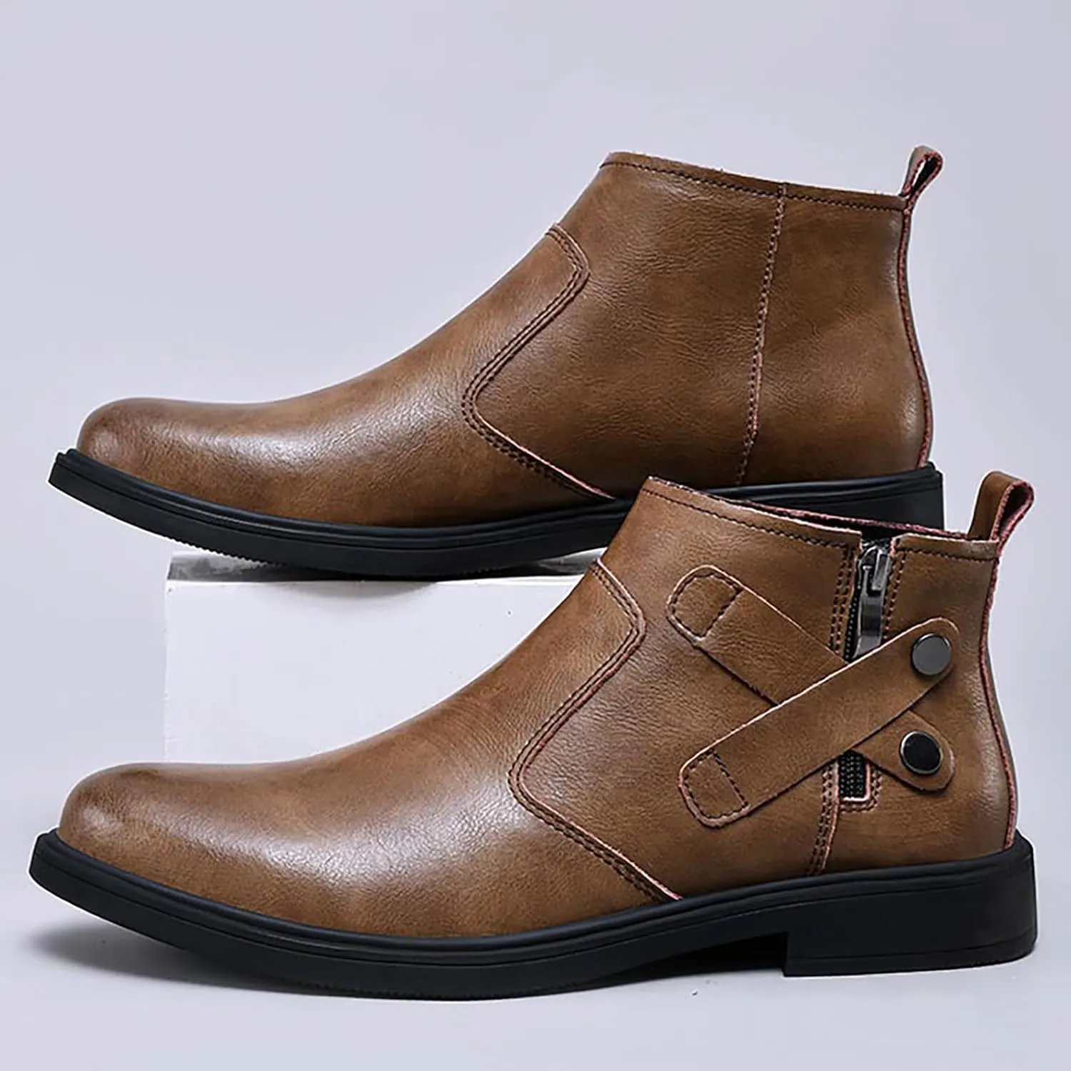 Men's Genuine Leather Chelsea Boots with Buckle Strap Autumn Winter Fashion Side Zipper Comfortable Fur Lining Business Oxford Boots Casual Dress Chukka Boots