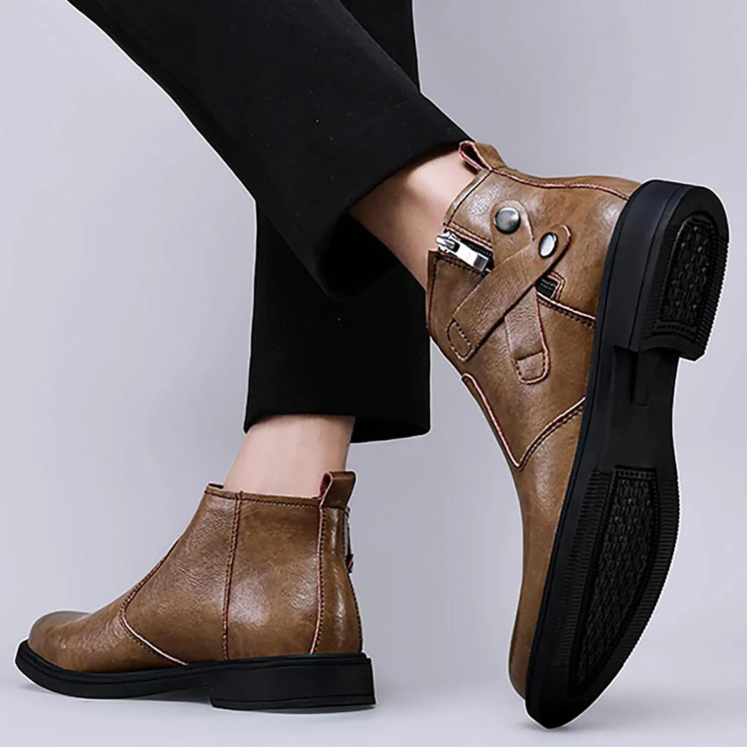 Men's Genuine Leather Chelsea Boots with Buckle Strap Autumn Winter Fashion Side Zipper Comfortable Fur Lining Business Oxford Boots Casual Dress Chukka Boots