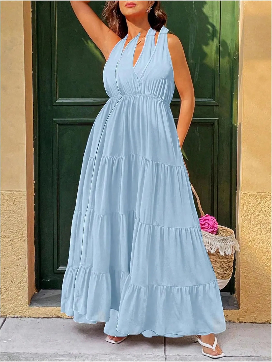 Milumia Women's Open Back Halter Dress Deep V Neck Sleeveless Layered Ruffle Maxi Dresses