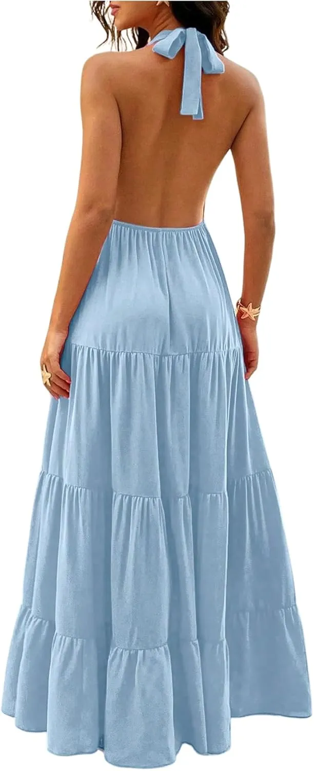 Milumia Women's Open Back Halter Dress Deep V Neck Sleeveless Layered Ruffle Maxi Dresses