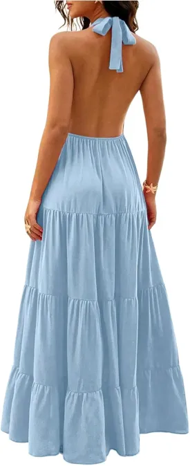Milumia Women's Open Back Halter Dress Deep V Neck Sleeveless Layered Ruffle Maxi Dresses