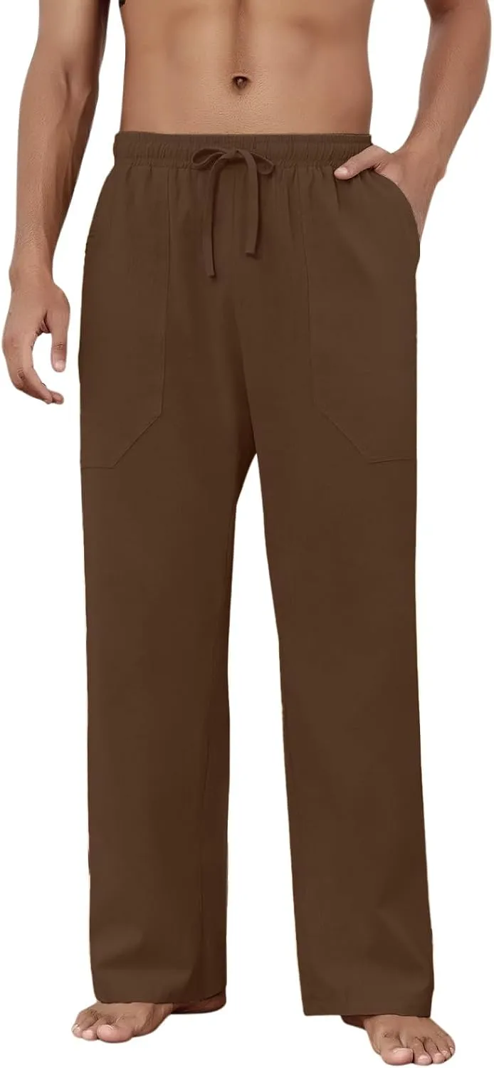 Puimentiua Cotton Linen Pants Men Casual Loose Fit Elastic Drawstring Waist Summer Beach Pants