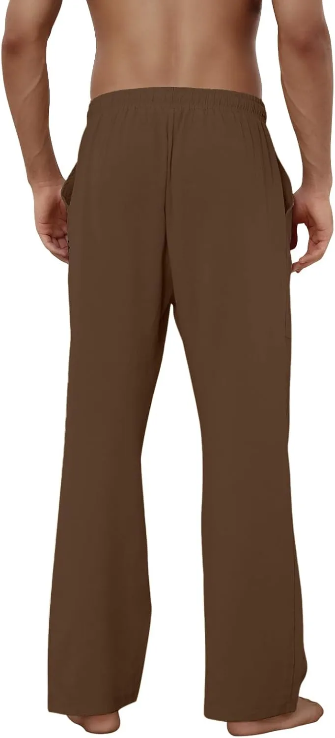 Puimentiua Cotton Linen Pants Men Casual Loose Fit Elastic Drawstring Waist Summer Beach Pants