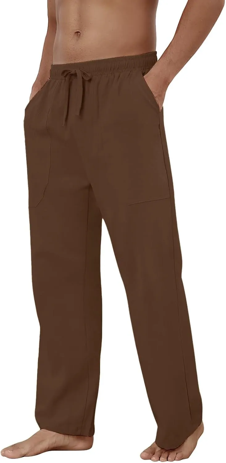 Puimentiua Cotton Linen Pants Men Casual Loose Fit Elastic Drawstring Waist Summer Beach Pants