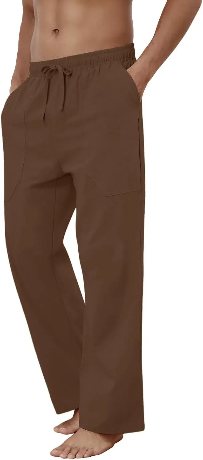 Puimentiua Cotton Linen Pants Men Casual Loose Fit Elastic Drawstring Waist Summer Beach Pants
