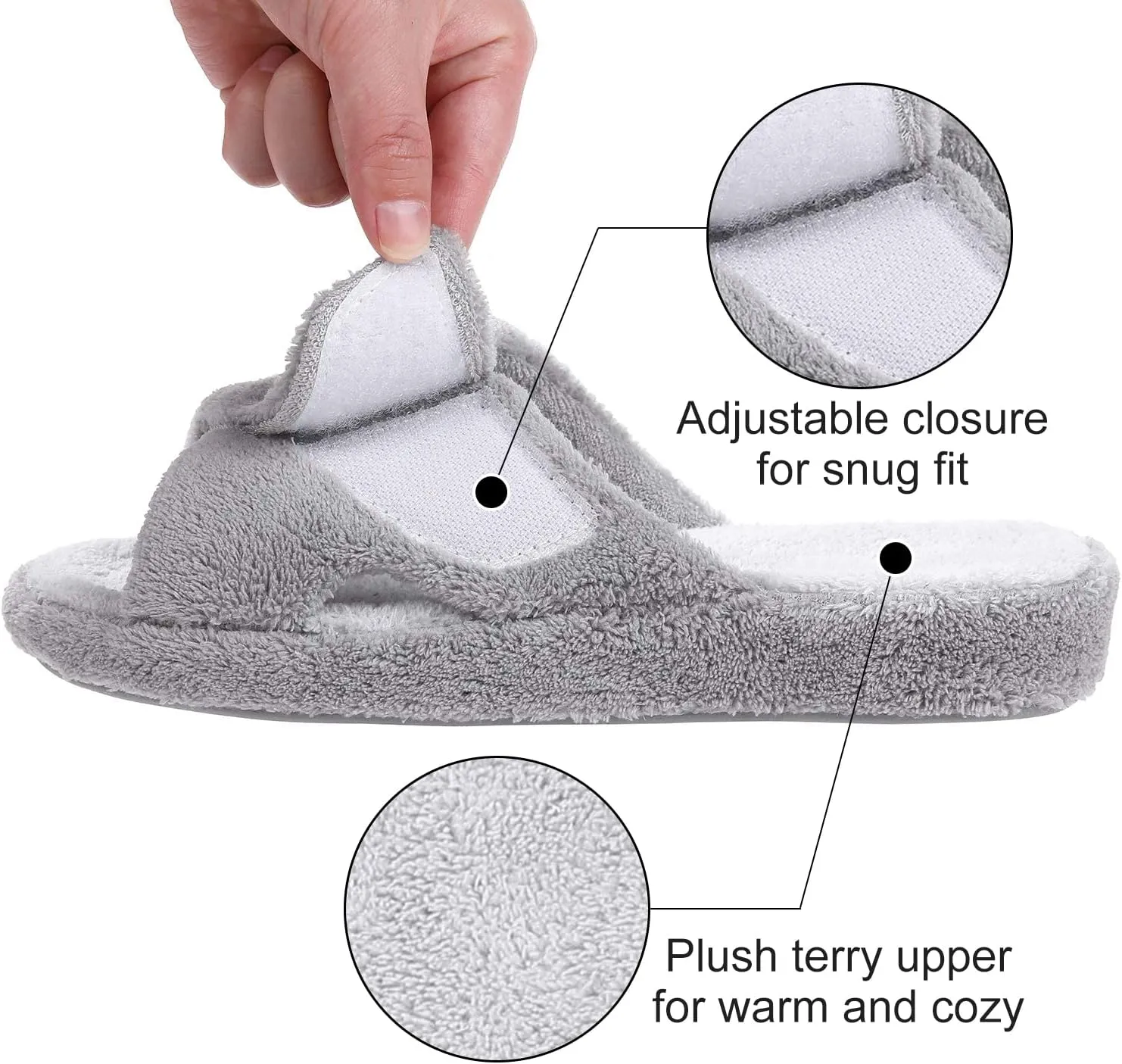 shevalues Summer Arch Support Slippers for Women Adjustable Terry Cloth Fuzzy Indoor Slippers Open Toe House Shoes