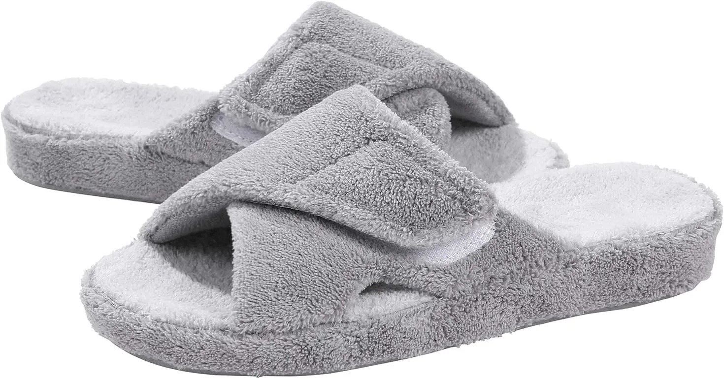 shevalues Summer Arch Support Slippers for Women Adjustable Terry Cloth Fuzzy Indoor Slippers Open Toe House Shoes