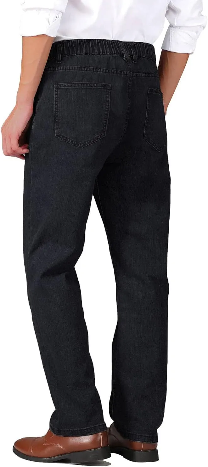 Soojun Mens Elastic Waist Jeans Relaxed Fit with Zipper and Button