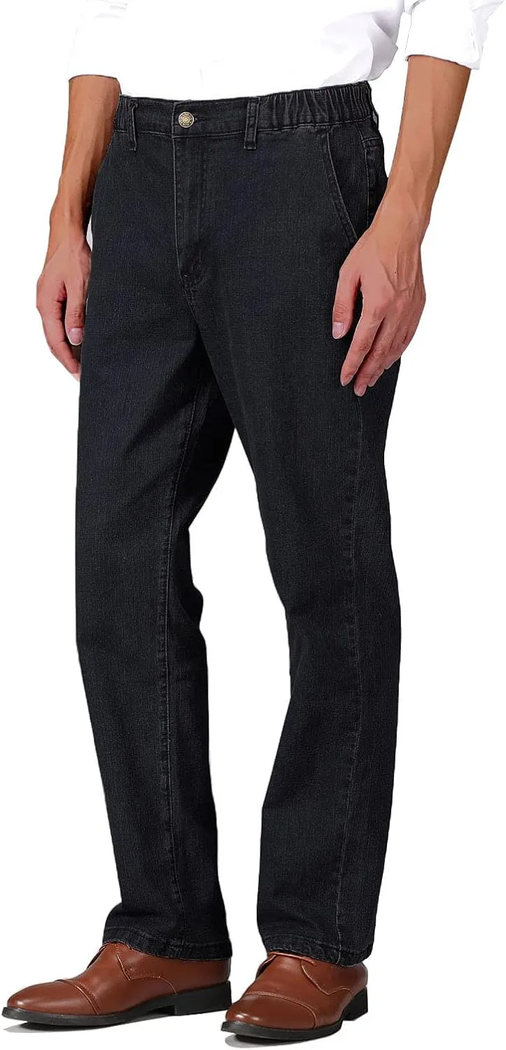 Soojun Mens Elastic Waist Jeans Relaxed Fit with Zipper and Button