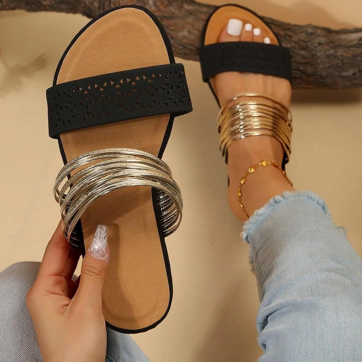 Summer Flat Sandals for Women 2025 Two Strap Slide Sandal Open Toe Casual Dressy Flats Shoes Soft Cushion Footbed