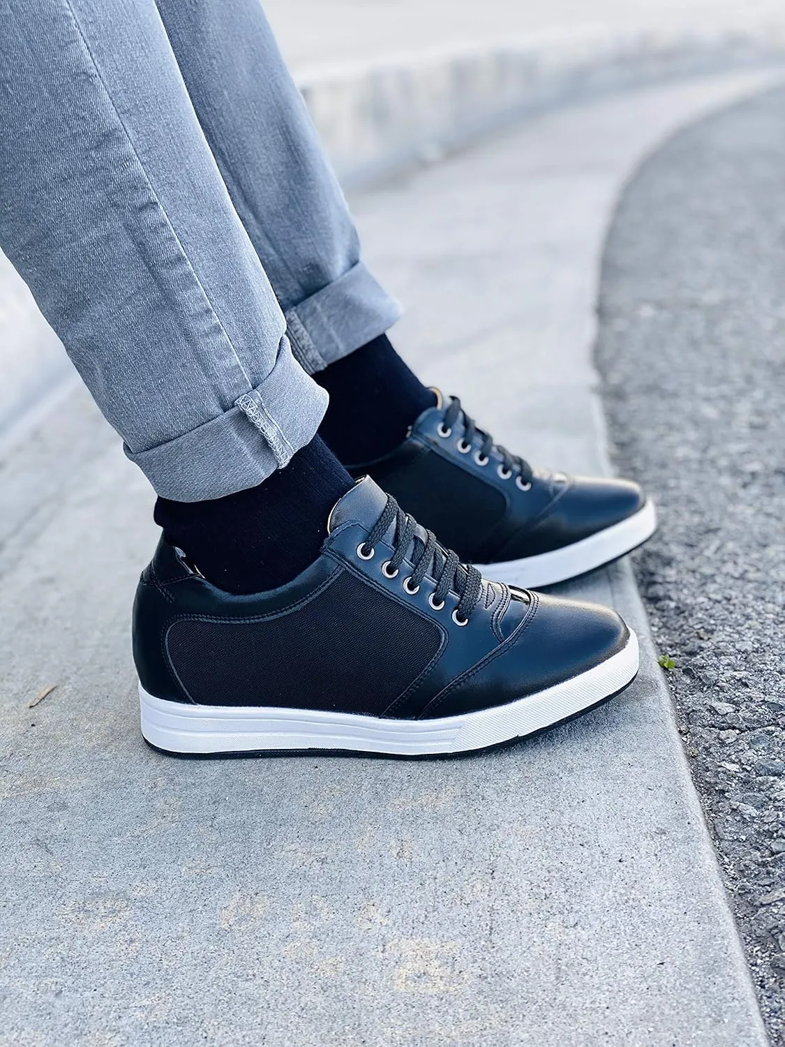 TOTO Men's Invisible Height Increasing Elevator Shoes - Black Leather/Mesh Lace-up Casual Fashion Sneakers - 3.2 Inches Taller - A53272 - Size 10 D(M) US