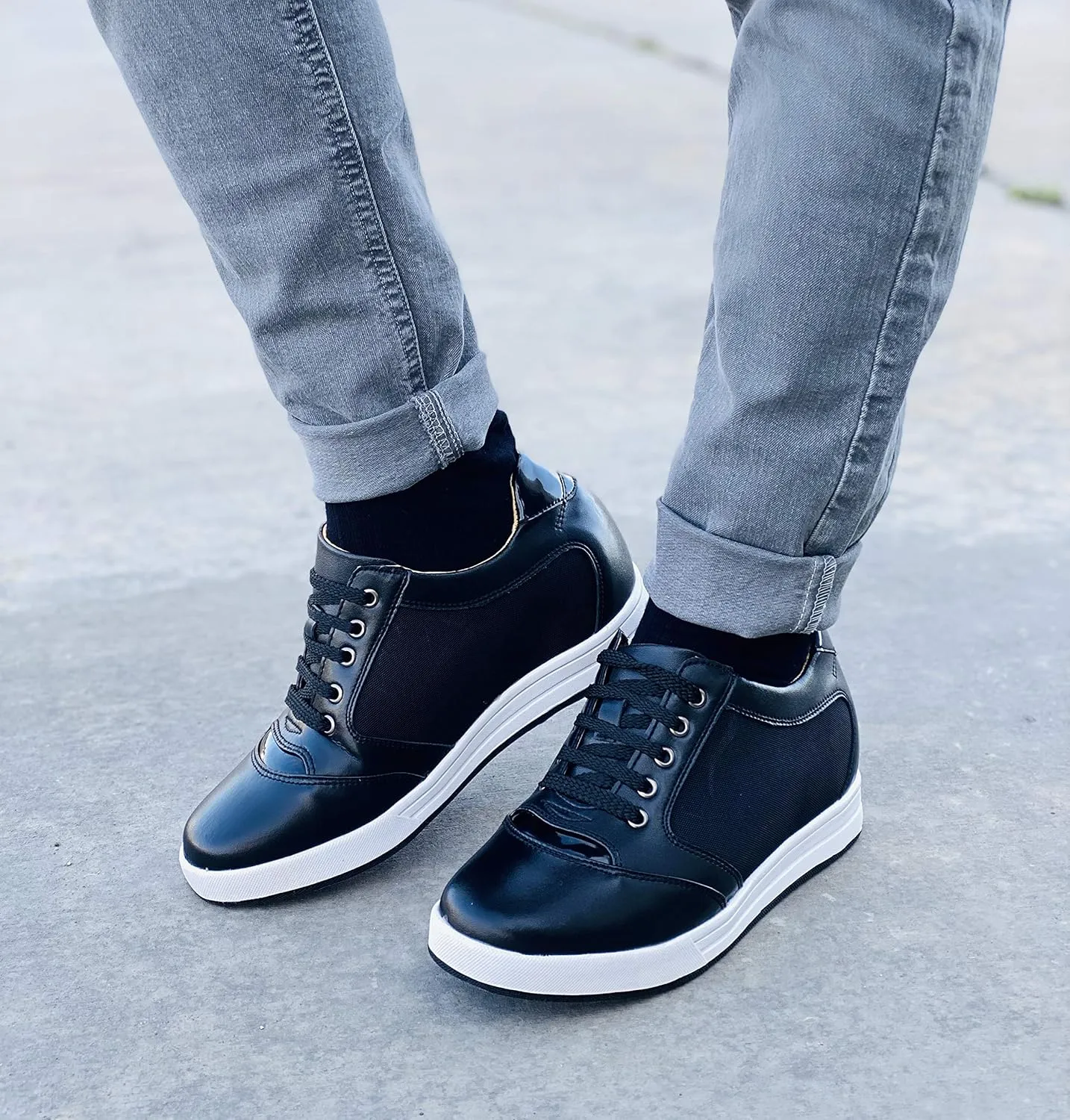 TOTO Men's Invisible Height Increasing Elevator Shoes - Black Leather/Mesh Lace-up Casual Fashion Sneakers - 3.2 Inches Taller - A53272 - Size 10 D(M) US