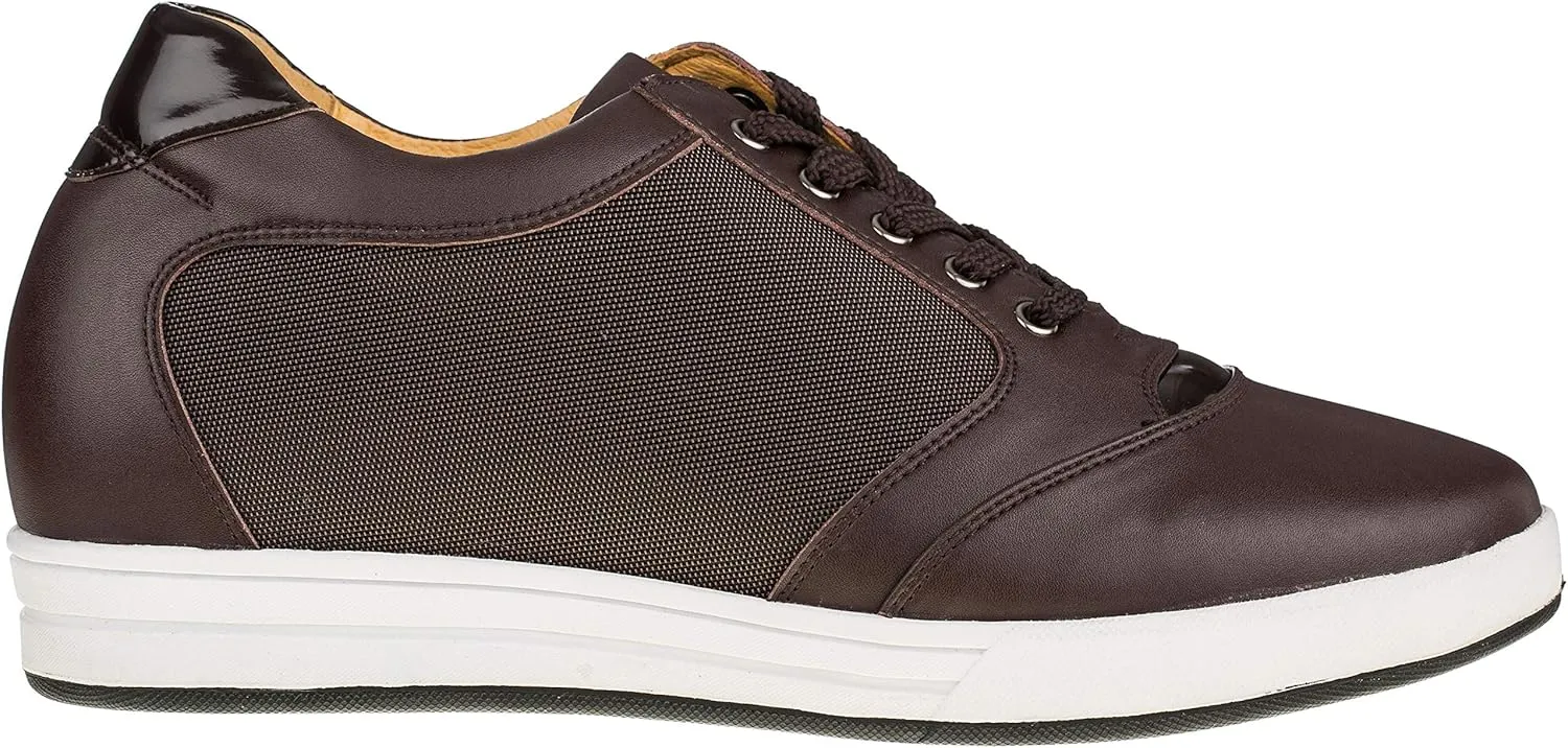 TOTO Men's Invisible Height Increasing Elevator Shoes - Dark Brown Leather/Mesh Lace-up Casual Fashion Sneakers - 3.2 Inches Taller - A53271 - Size 9 D(M) US