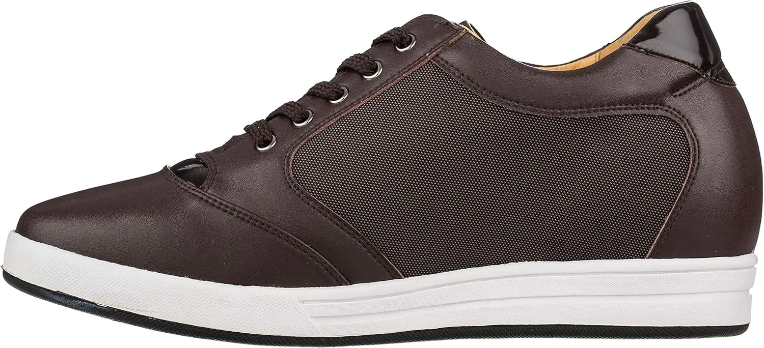 TOTO Men's Invisible Height Increasing Elevator Shoes - Dark Brown Leather/Mesh Lace-up Casual Fashion Sneakers - 3.2 Inches Taller - A53271 - Size 9 D(M) US