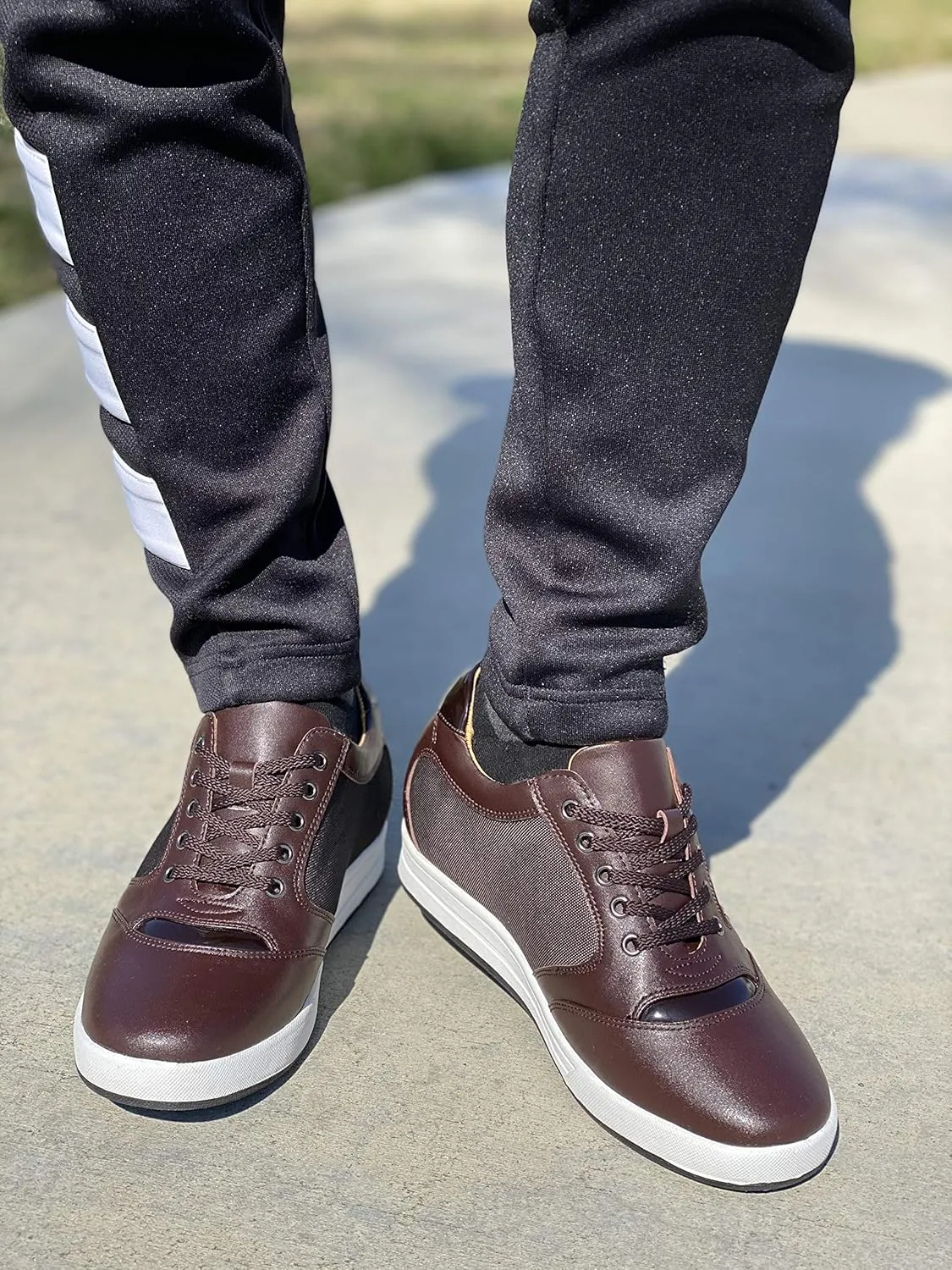 TOTO Men's Invisible Height Increasing Elevator Shoes - Dark Brown Leather/Mesh Lace-up Casual Fashion Sneakers - 3.2 Inches Taller - A53271 - Size 9 D(M) US