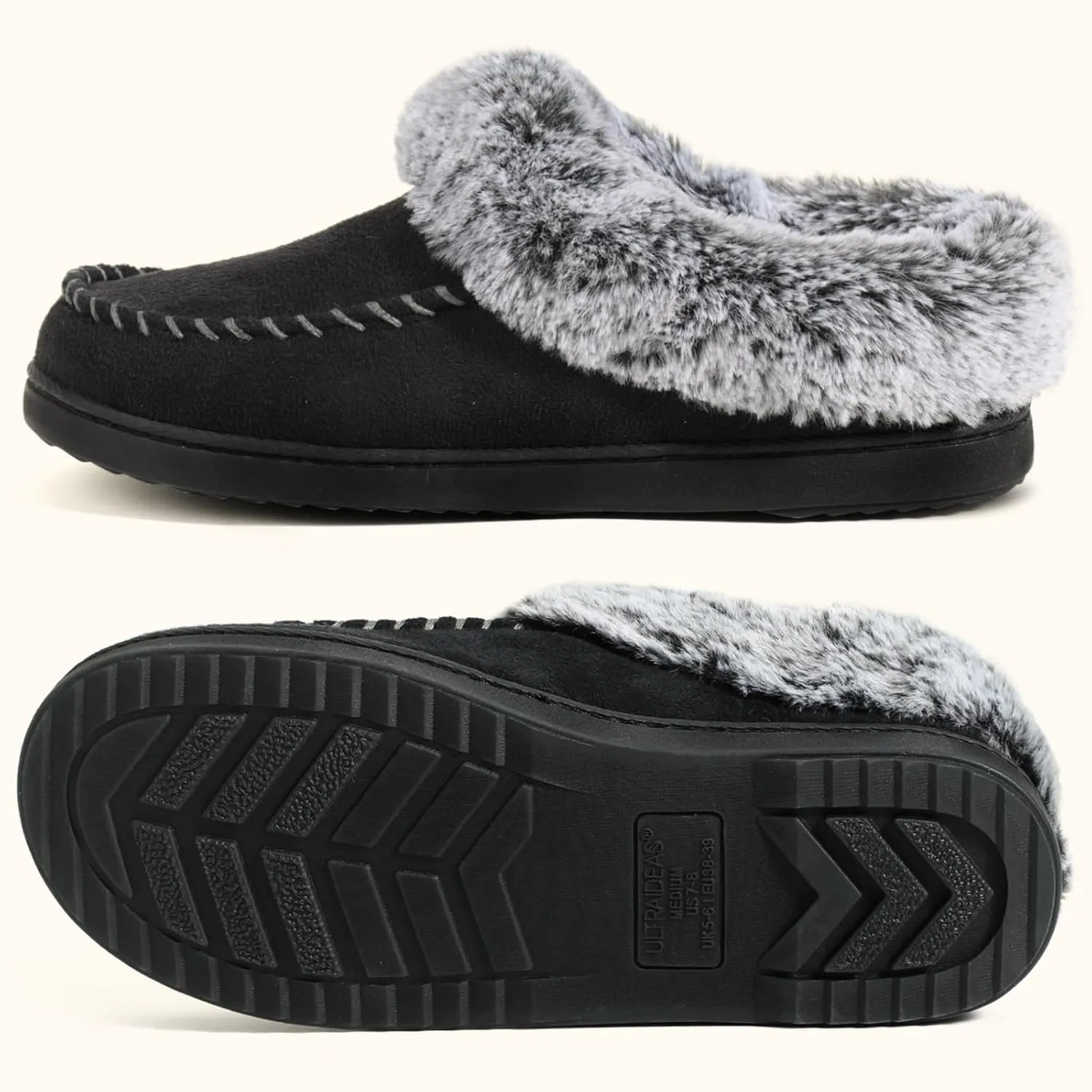 ULTRAIDEAS Women's Memory Foam House Slippers with Hard Bottom, Fur Lined House Shoes with Non-Slip Rubber Sole for Indoor & Outdoor