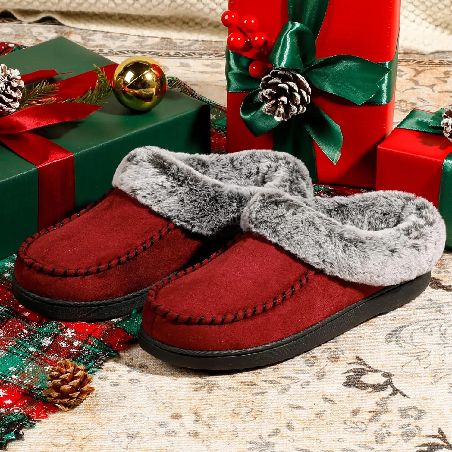 ULTRAIDEAS Women's Memory Foam House Slippers with Hard Bottom, Fur Lined House Shoes with Non-Slip Rubber Sole for Indoor & Outdoor