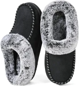 ULTRAIDEAS Women's Memory Foam House Slippers with Hard Bottom, Fur Lined House Shoes with Non-Slip Rubber Sole for Indoor & Outdoor