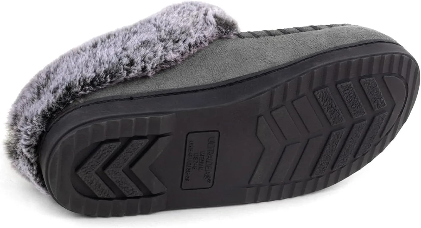 ULTRAIDEAS Women's Memory Foam House Slippers with Hard Bottom, Fur Lined House Shoes with Non-Slip Rubber Sole for Indoor & Outdoor