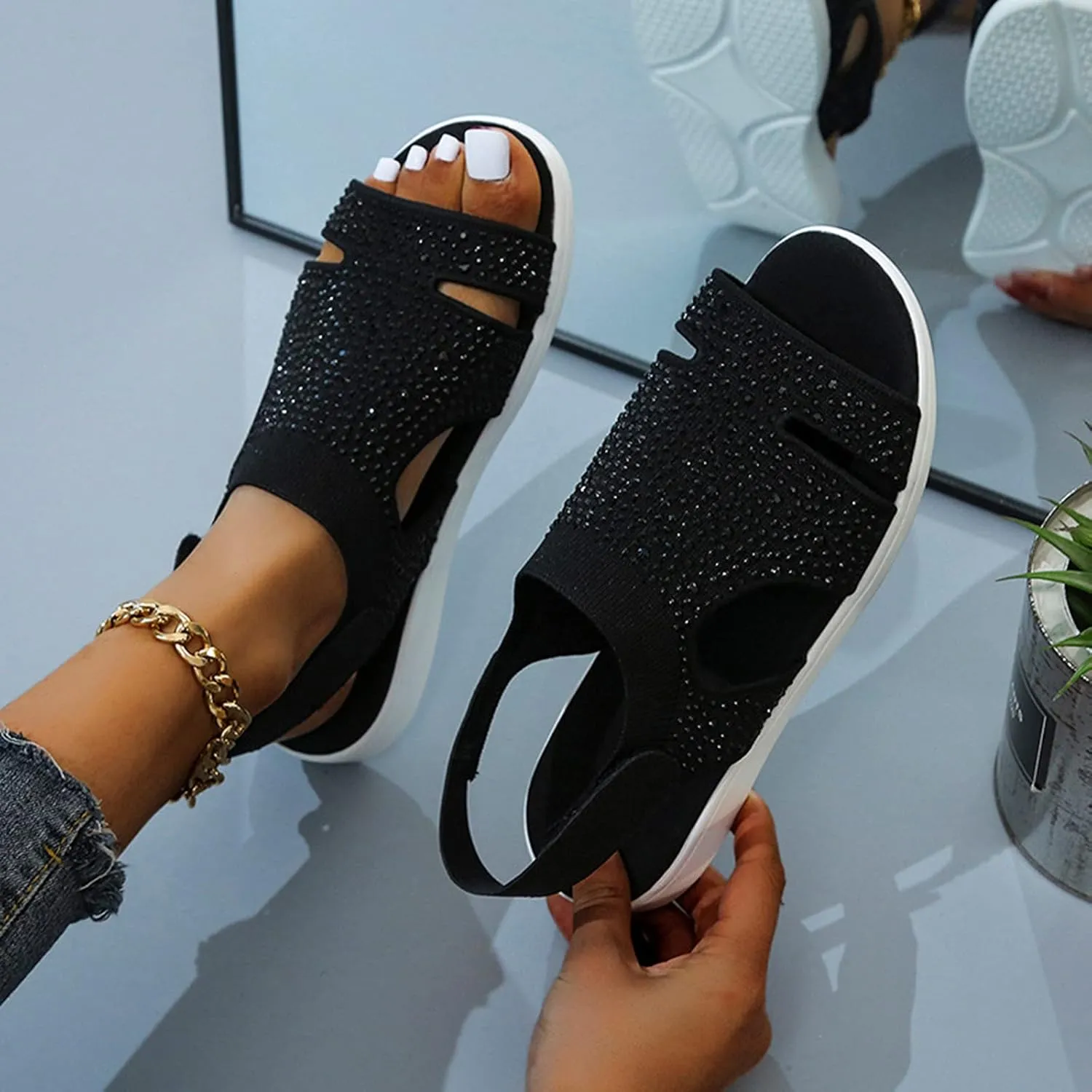 Walking Sandals for Women Open Toe Slip On Rhinestone Sandal Platform Sport Orthopedic Sandalias with Arch Support