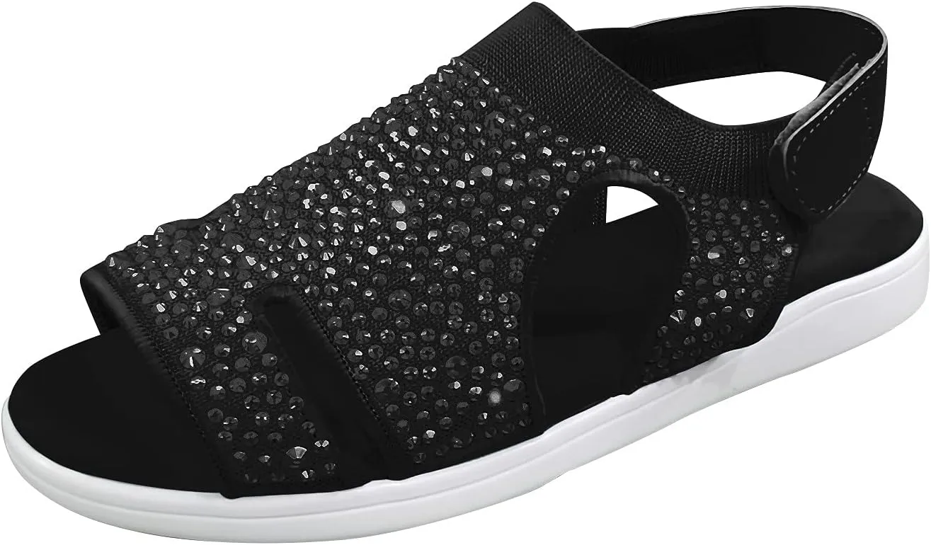 Walking Sandals for Women Open Toe Slip On Rhinestone Sandal Platform Sport Orthopedic Sandalias with Arch Support