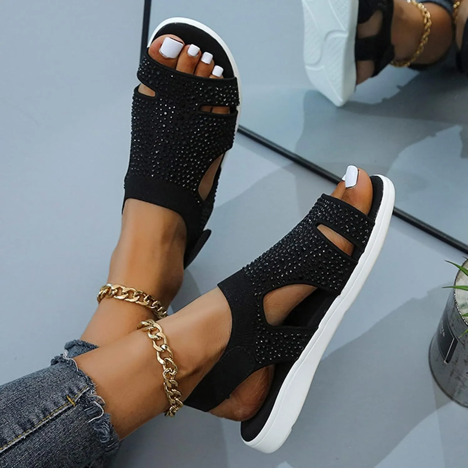 Walking Sandals for Women Open Toe Slip On Rhinestone Sandal Platform Sport Orthopedic Sandalias with Arch Support