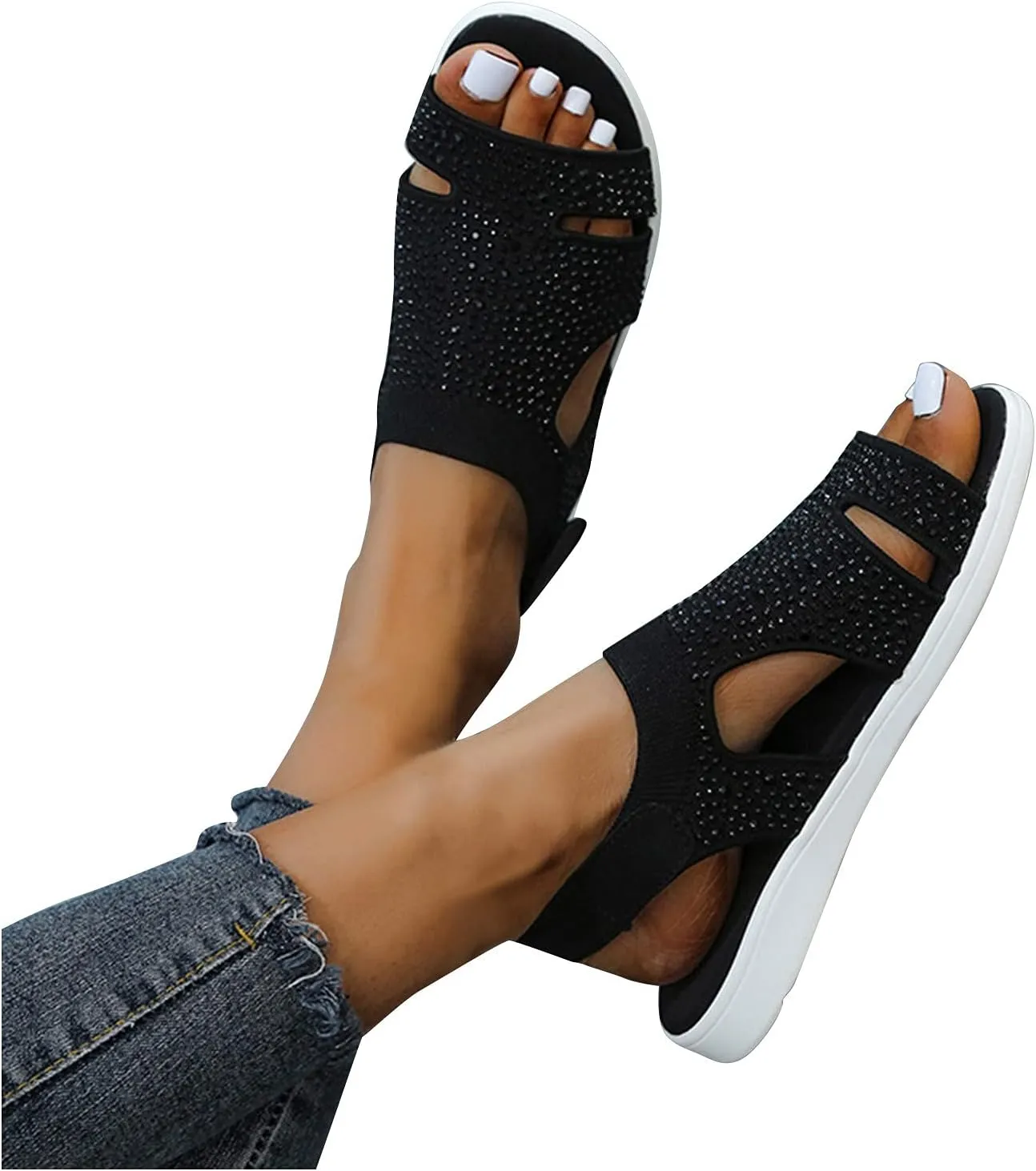 Walking Sandals for Women Open Toe Slip On Rhinestone Sandal Platform Sport Orthopedic Sandalias with Arch Support