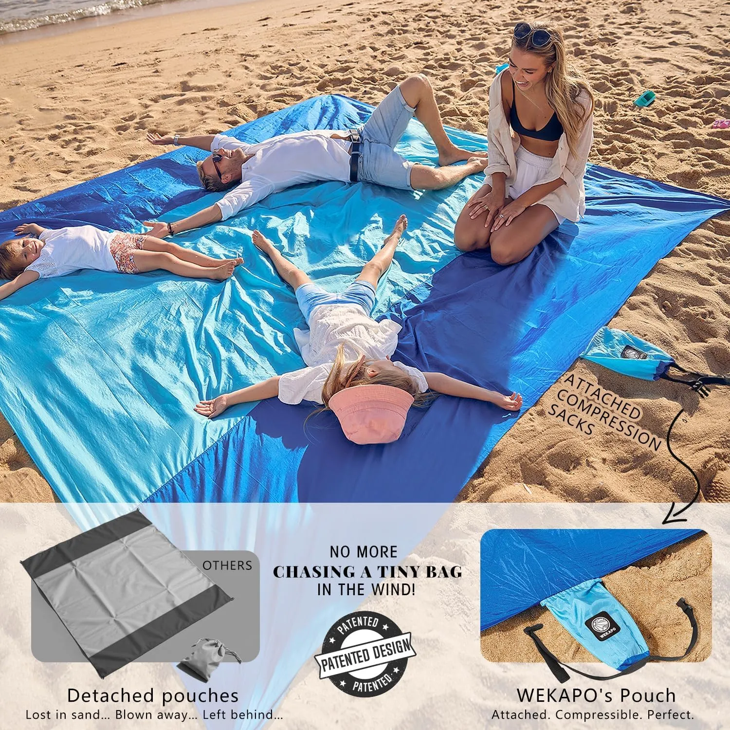 WEKAPO Beach Blanket Sandproof Waterproof, Extra Large Beach Mat, Oversized & Compact Sand Free Mat Quick Drying, Lightweight & Durable with 6 Stakes & 4 Corner Pockets