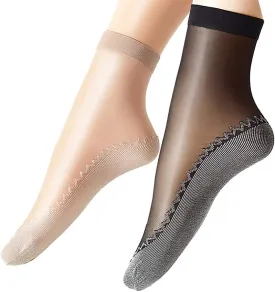 Women's 6 Pairs Silky Anti-Slip Cotton Sole Sheer Ankle High Tights Hosiery Socks Reinforced Toe
